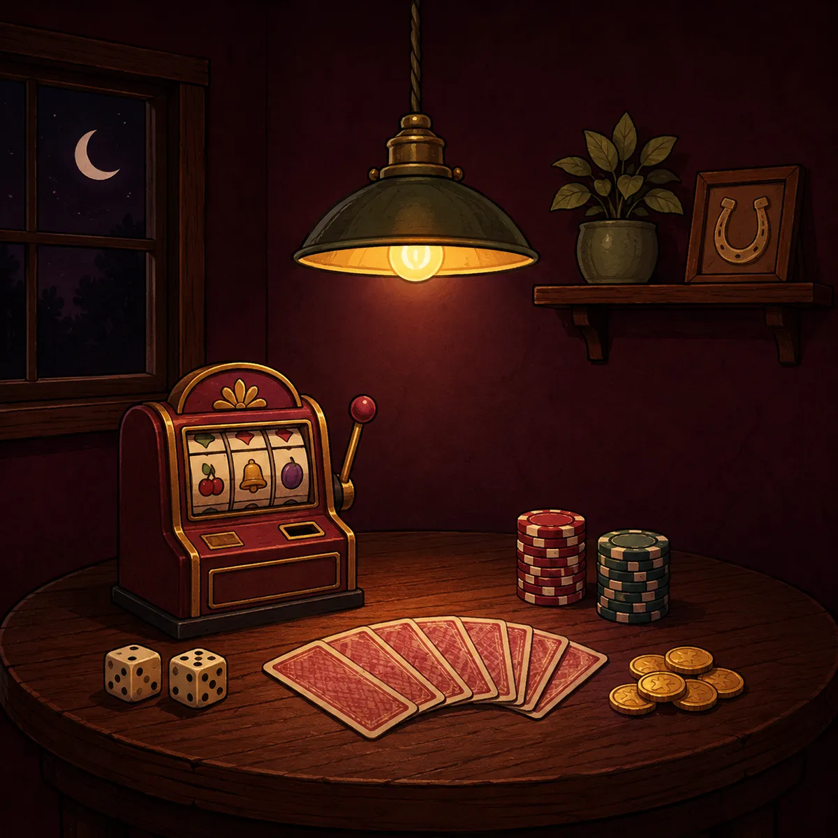 A cosy game den at night with a slot machine, cards, chips and coins on the table